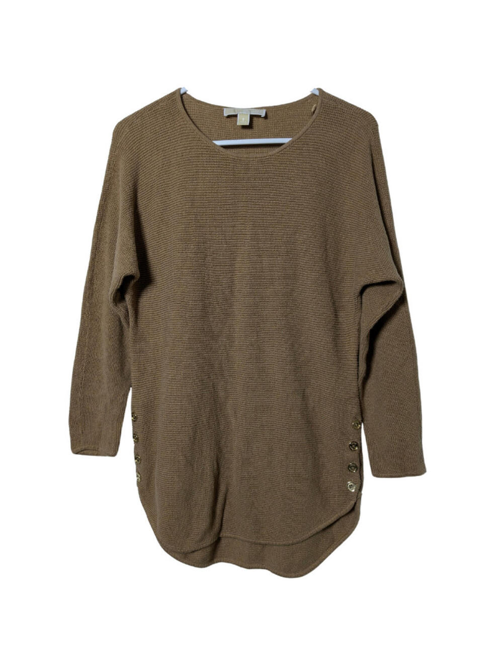Michael Kors Women's Brown Waffle Knit Sweater, Small, Gold Button Accents